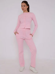Fine Rib Button Detail Top & Wide Leg Trouser Set