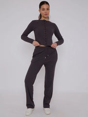 Fine Rib Button Detail Top & Wide Leg Trouser Set