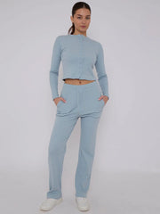 Fine Rib Button Detail Top & Wide Leg Trouser Set